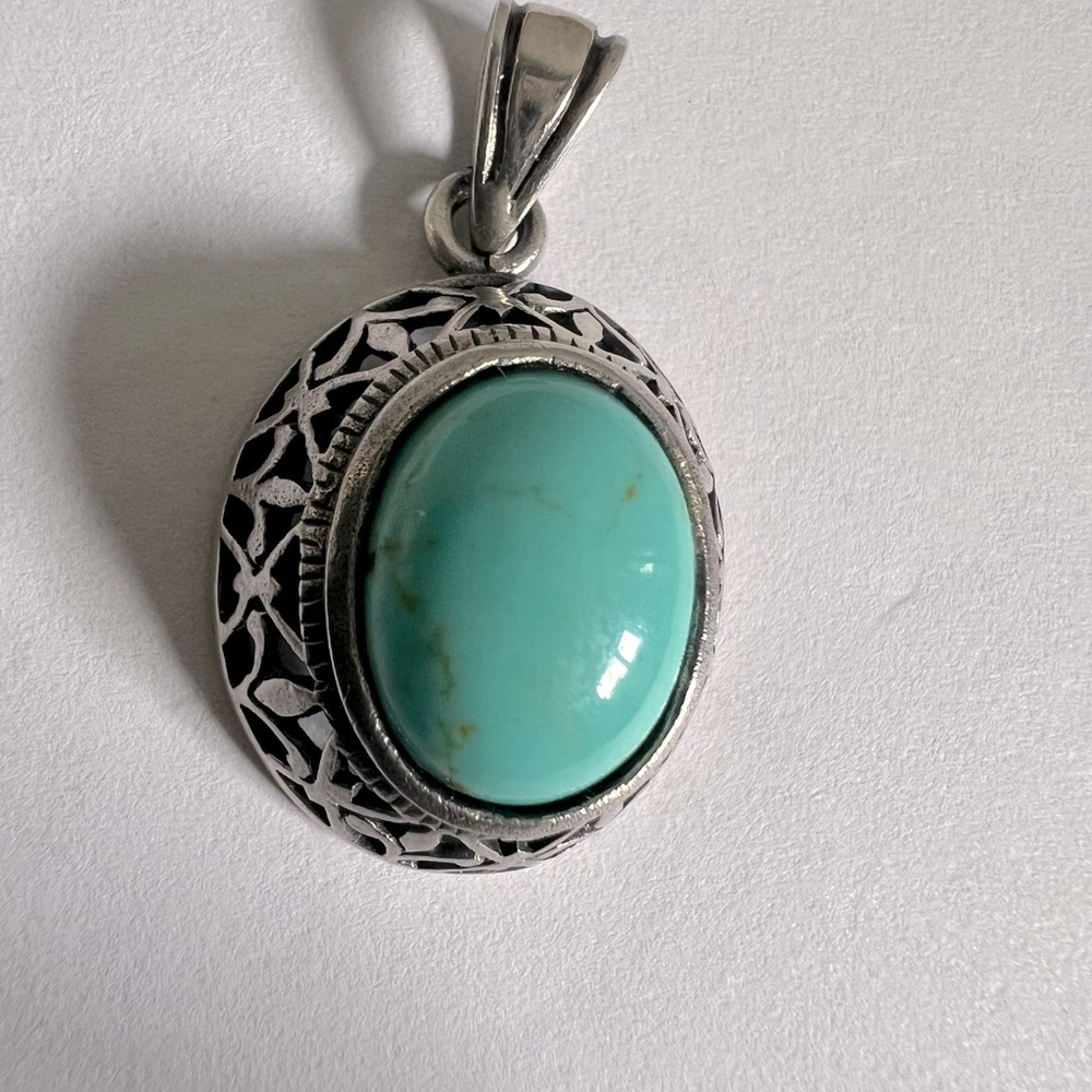 Sterling Silver 925 Turquoise Openwork Puff Pendant - Picture 4 of 5